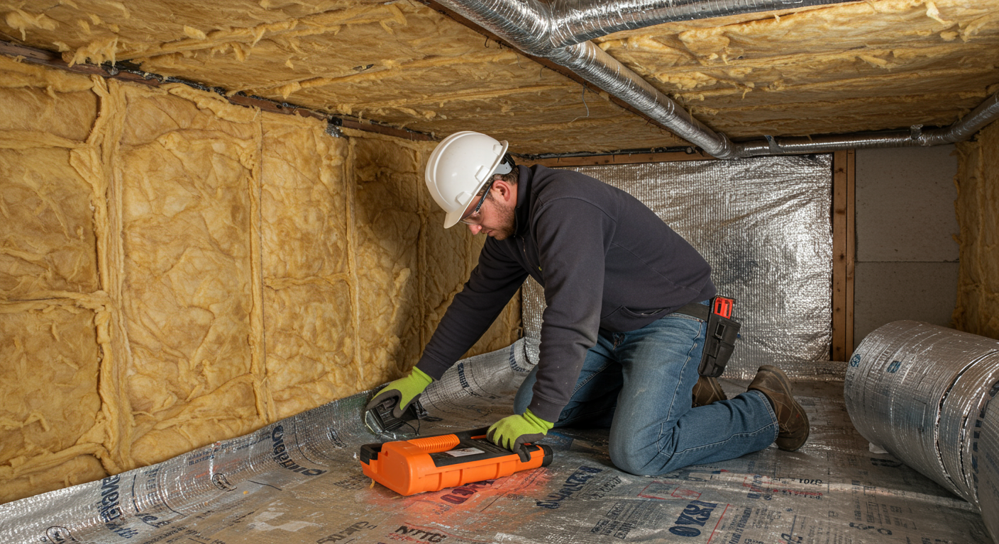 A professional technician performing crawl space encapsulation, showcasing the installation of a vapor barrier and insulation materials. The technician is focused and diligent, highlighting the importance of the process.
