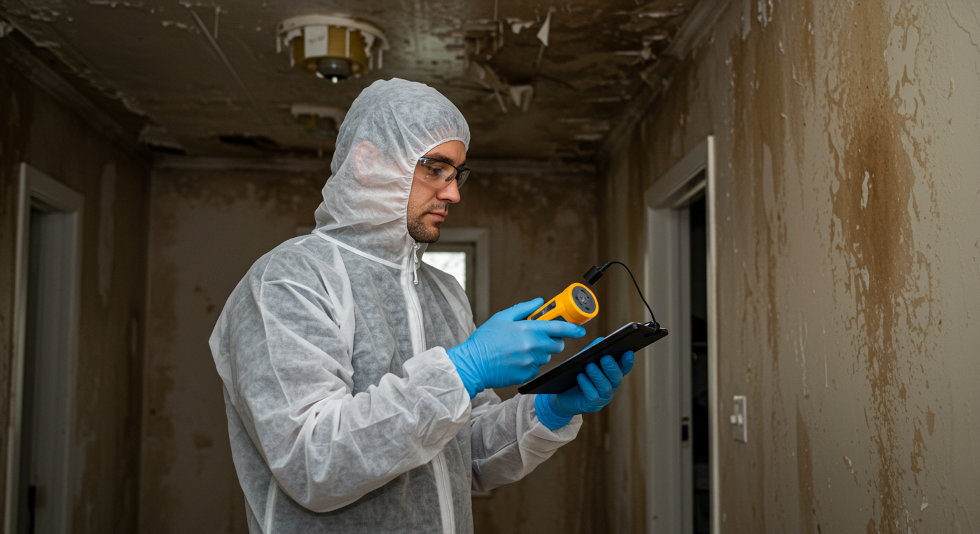 A technician conducting a thorough assessment of water damage in a home, using a moisture meter. The background features water stains on walls and ceilings, illustrating the extent of the damage.