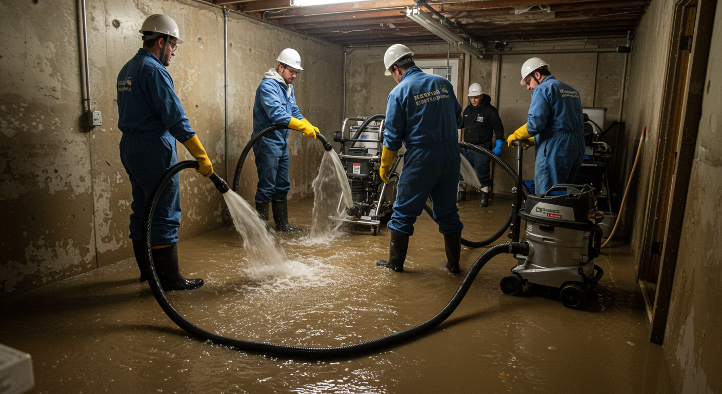 A team of professional restoration technicians actively removing water from a flooded basement using industrial pumps and wet vacuums.