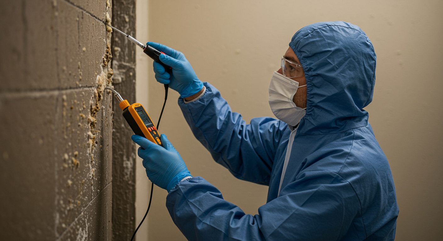 A professional mold inspector examining a wall with a moisture meter, showcasing the process of identifying mold growth. The inspector is wearing protective gear, emphasizing safety and professionalism.