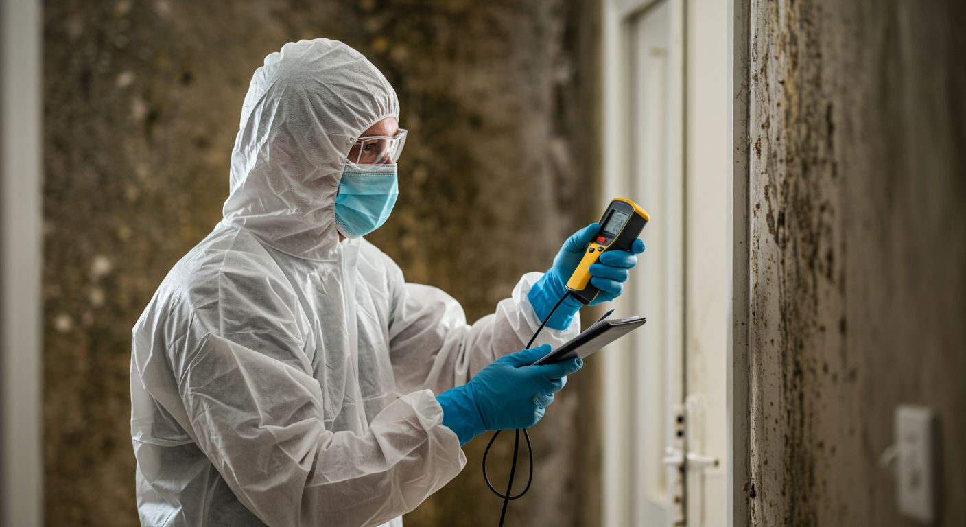 A professional mold remediation technician in protective gear inspecting a home for mold.